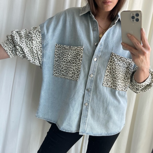 Leopard Button-Down Denim Shirt - Picture 9 of 10